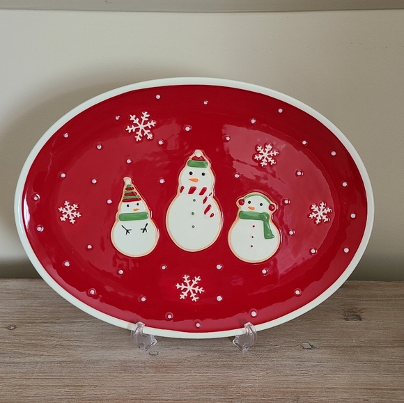 ☃️ Hallmark Ceramic Snowmen Snowflakes Oval Christmas Serving Platter - Picture 1 of 6